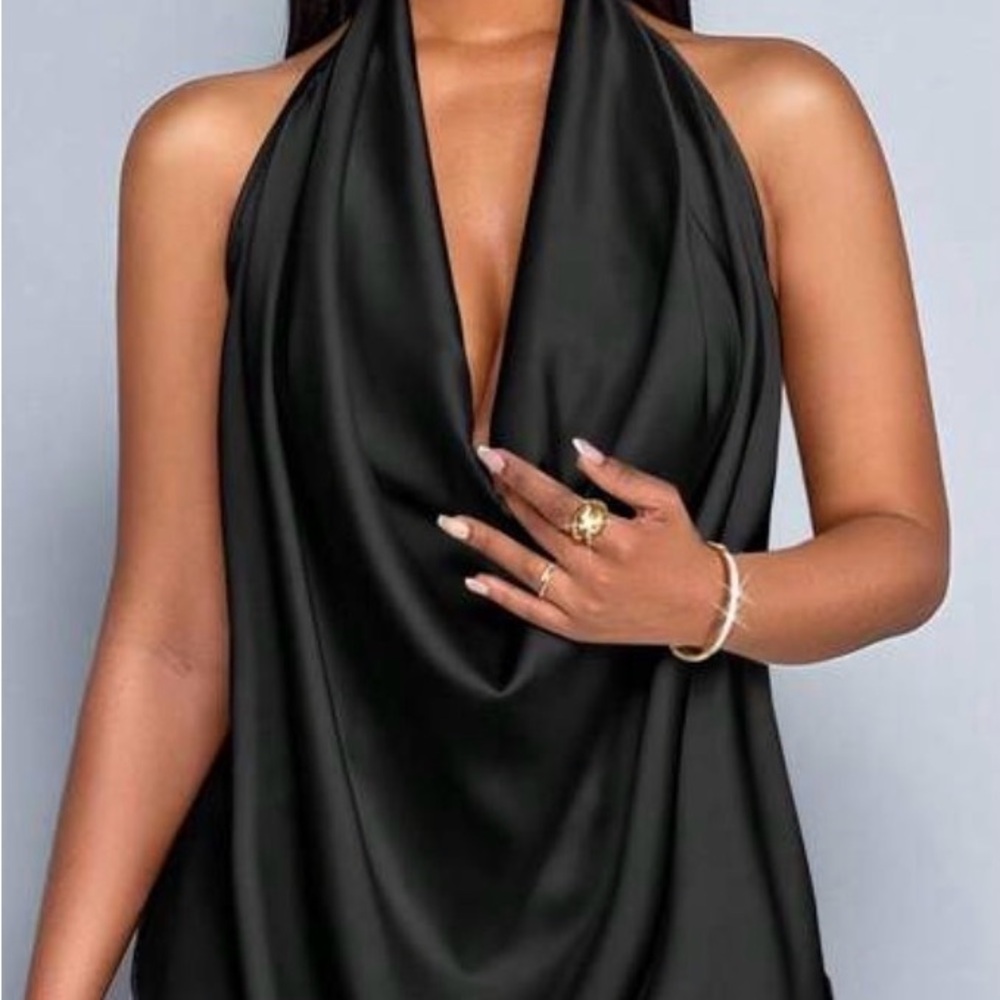 Satin Halter Drape Top in Black